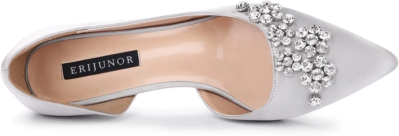 ERIJUNOR Pointy Toe Mid Heels Pumps Rhinestones Evening Party D’Orsay Satin Shoes for Women