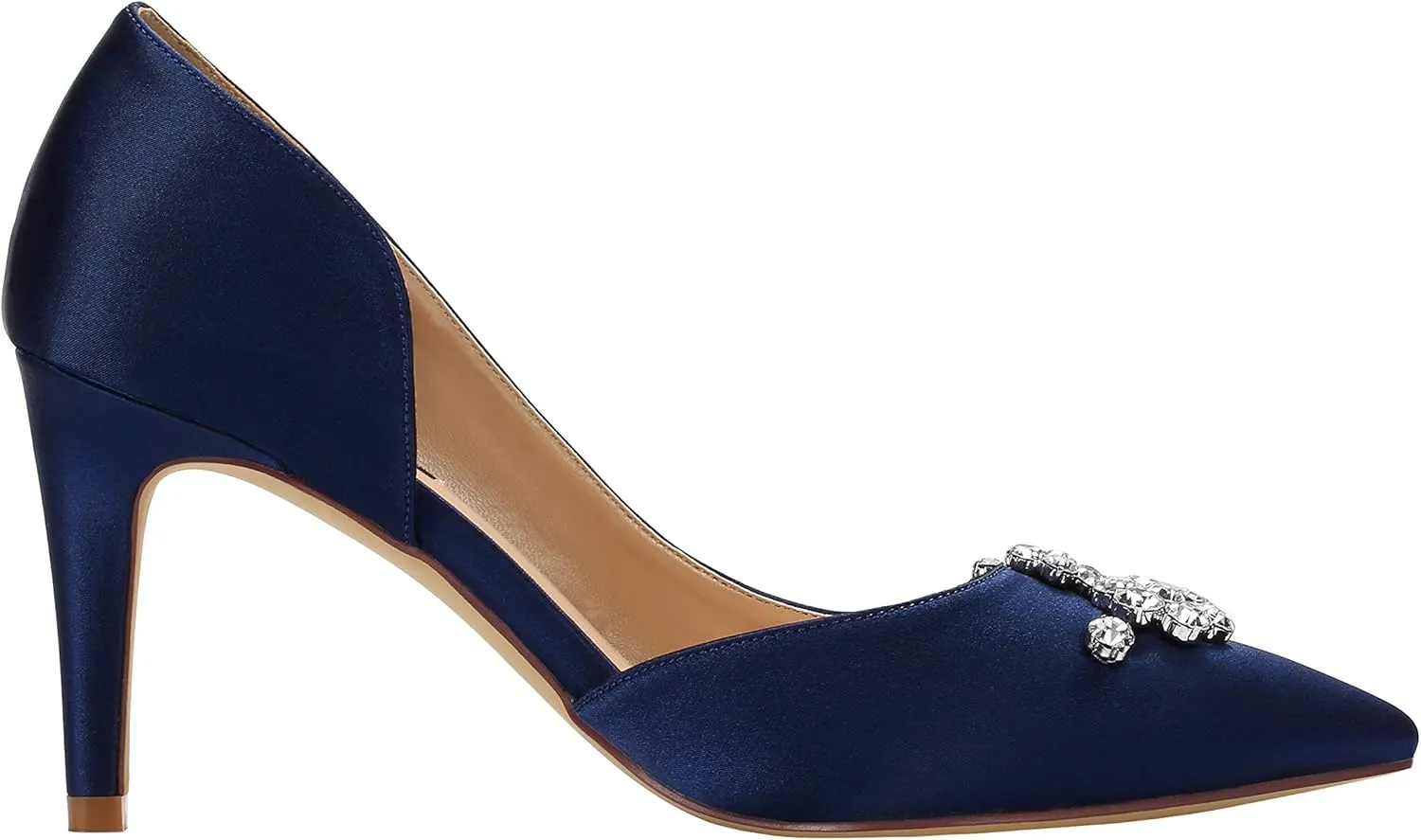 ERIJUNOR Pointy Toe Mid Heels Pumps Rhinestones Evening Party D’Orsay Satin Shoes for Women