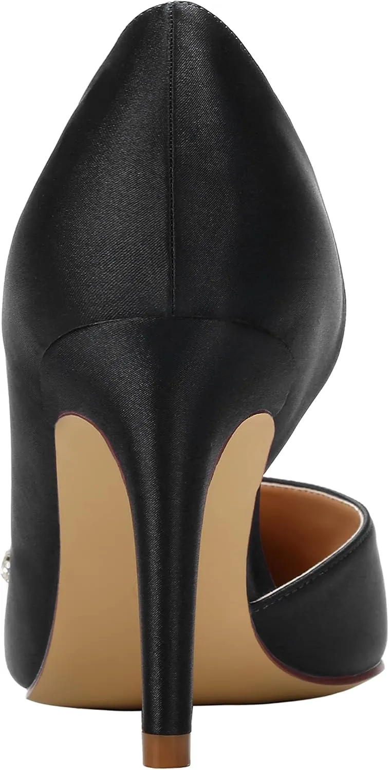ERIJUNOR Pointy Toe Mid Heels Pumps Rhinestones Evening Party D’Orsay Satin Shoes for Women