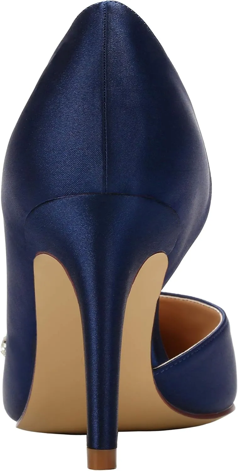 ERIJUNOR Pointy Toe Mid Heels Pumps Rhinestones Evening Party D’Orsay Satin Shoes for Women