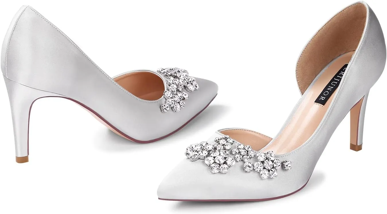 ERIJUNOR Pointy Toe Mid Heels Pumps Rhinestones Evening Party D’Orsay Satin Shoes for Women