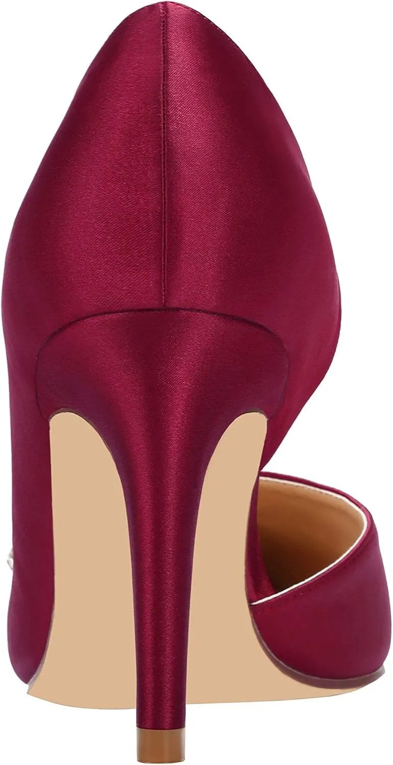 ERIJUNOR Pointy Toe Mid Heels Pumps Rhinestones Evening Party D’Orsay Satin Shoes for Women