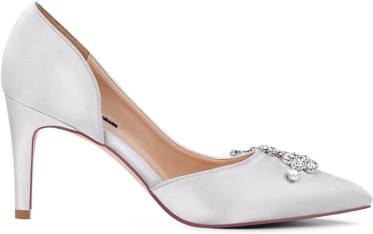 ERIJUNOR Pointy Toe Mid Heels Pumps Rhinestones Evening Party D’Orsay Satin Shoes for Women