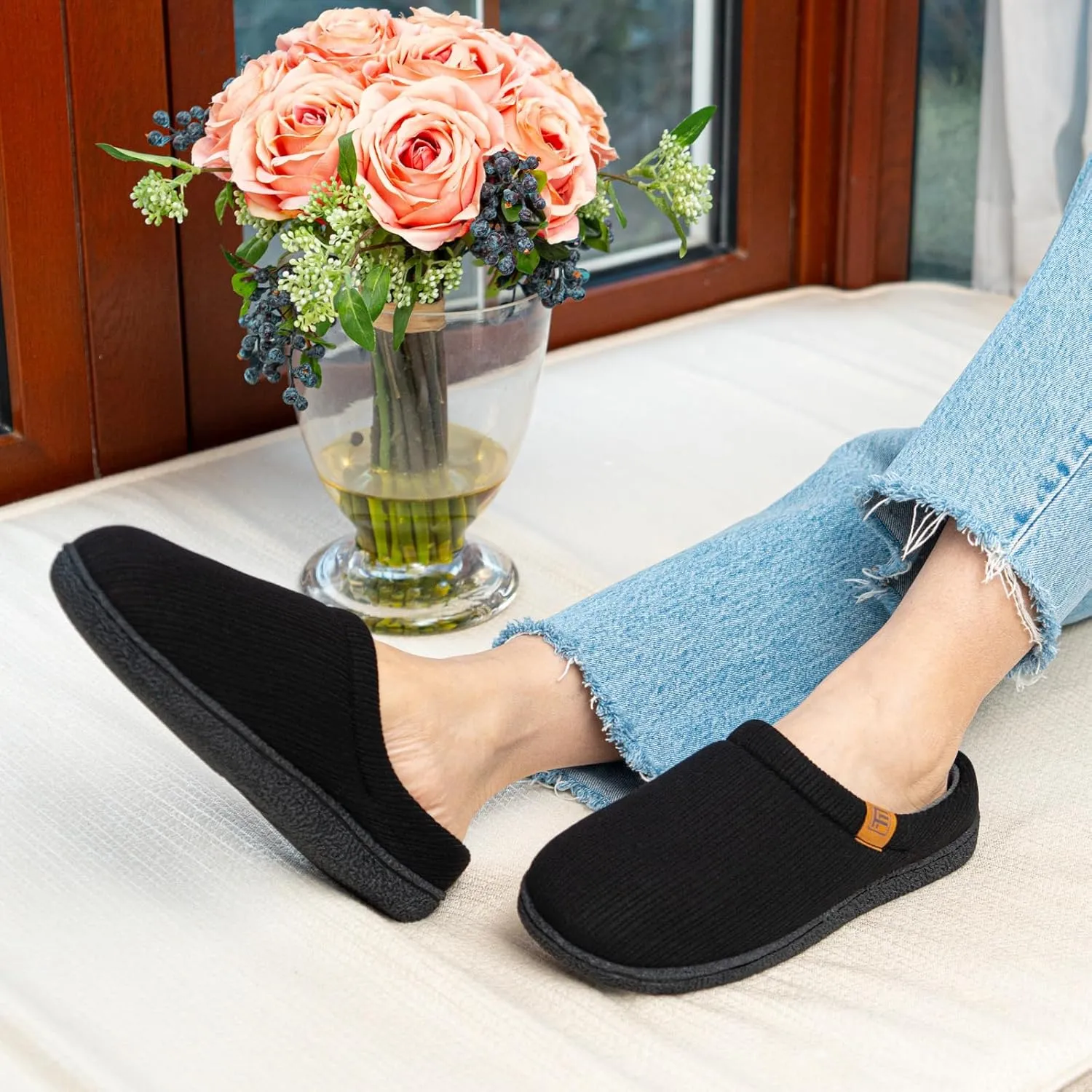 FamilyFairy Womens Slip On Memory Foam Slippers Comfy Knit Bedroom House Shoes for Indoor Outdoor