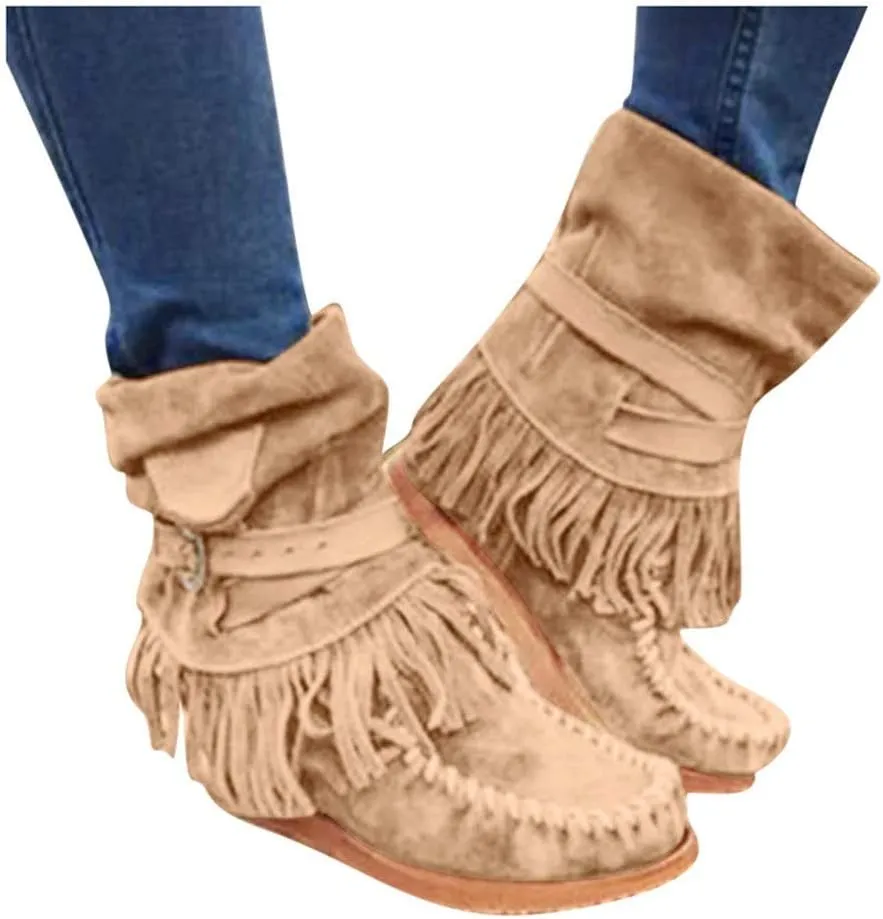 Gibobby Ankle Booties for Women Low Heel,Western Fringe Chunky Pointy Toe Boots Tassel Stacked Heel Suede Ankle Boots
