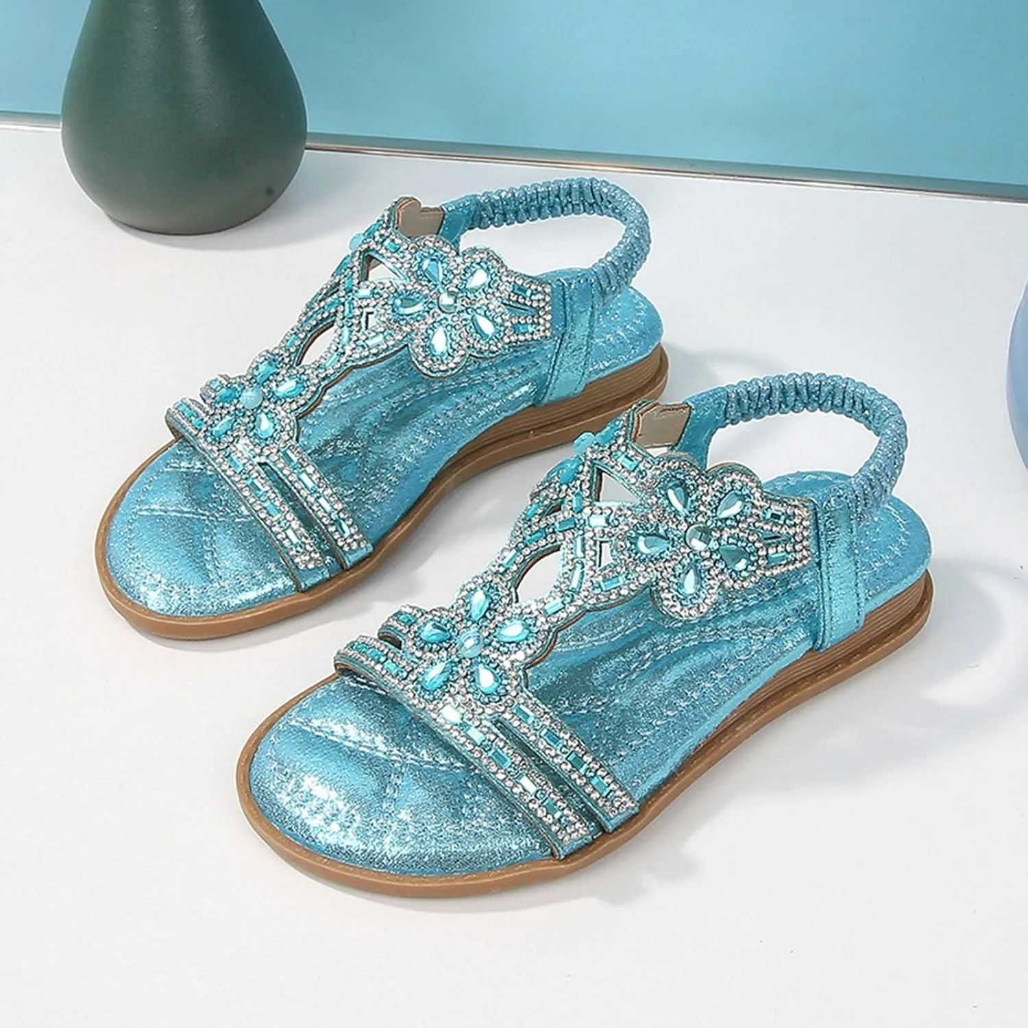 Girls Sparkly Princess Mary Jane Ballet Flats Soft Sole Sandals Kids Glitter Rhinestone Flower Wedding Party Shoes