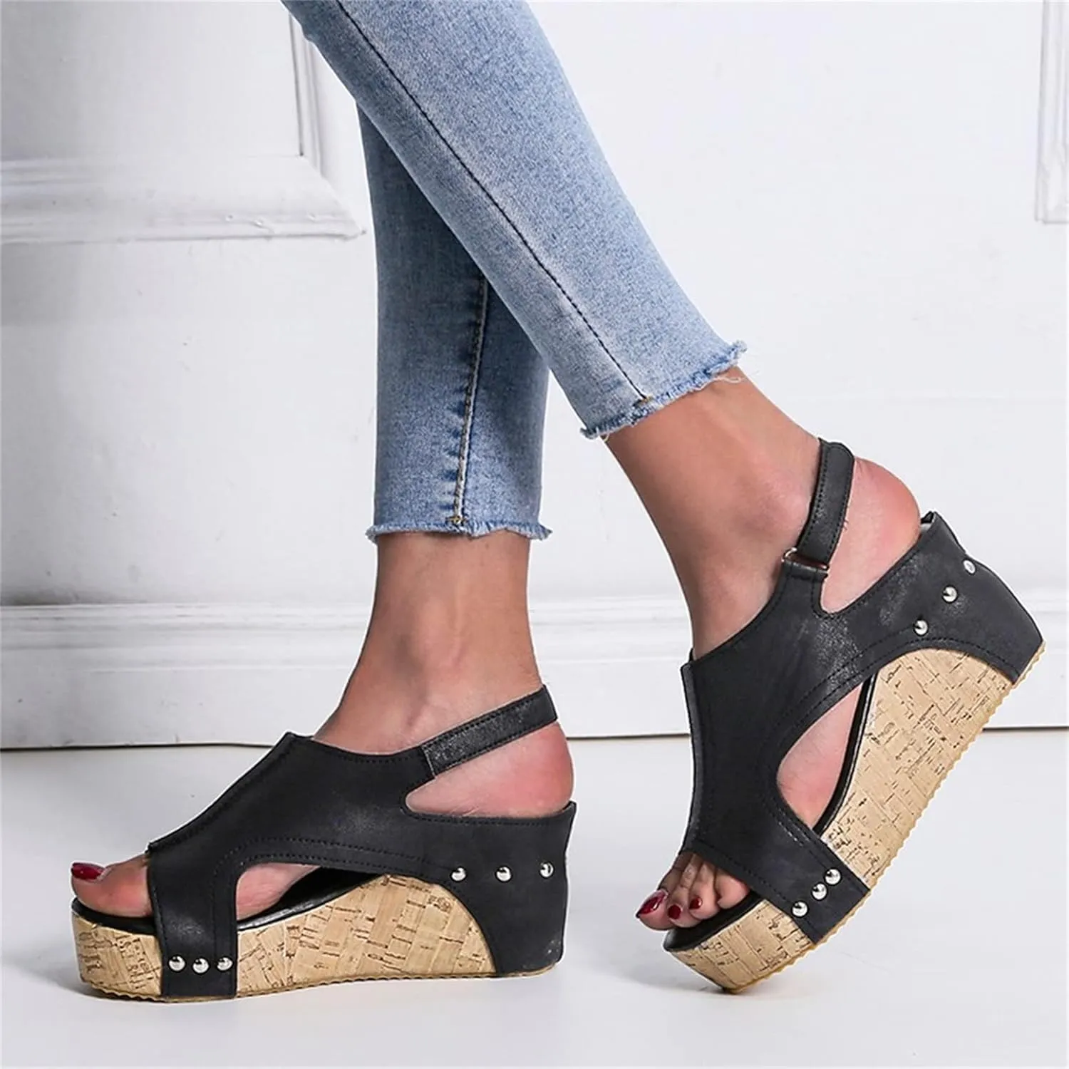 HINDOLA Women's Platform Sandals Wedge Ankle Strap Open Toe Sandals Summer Leather Espadrilles Shoes