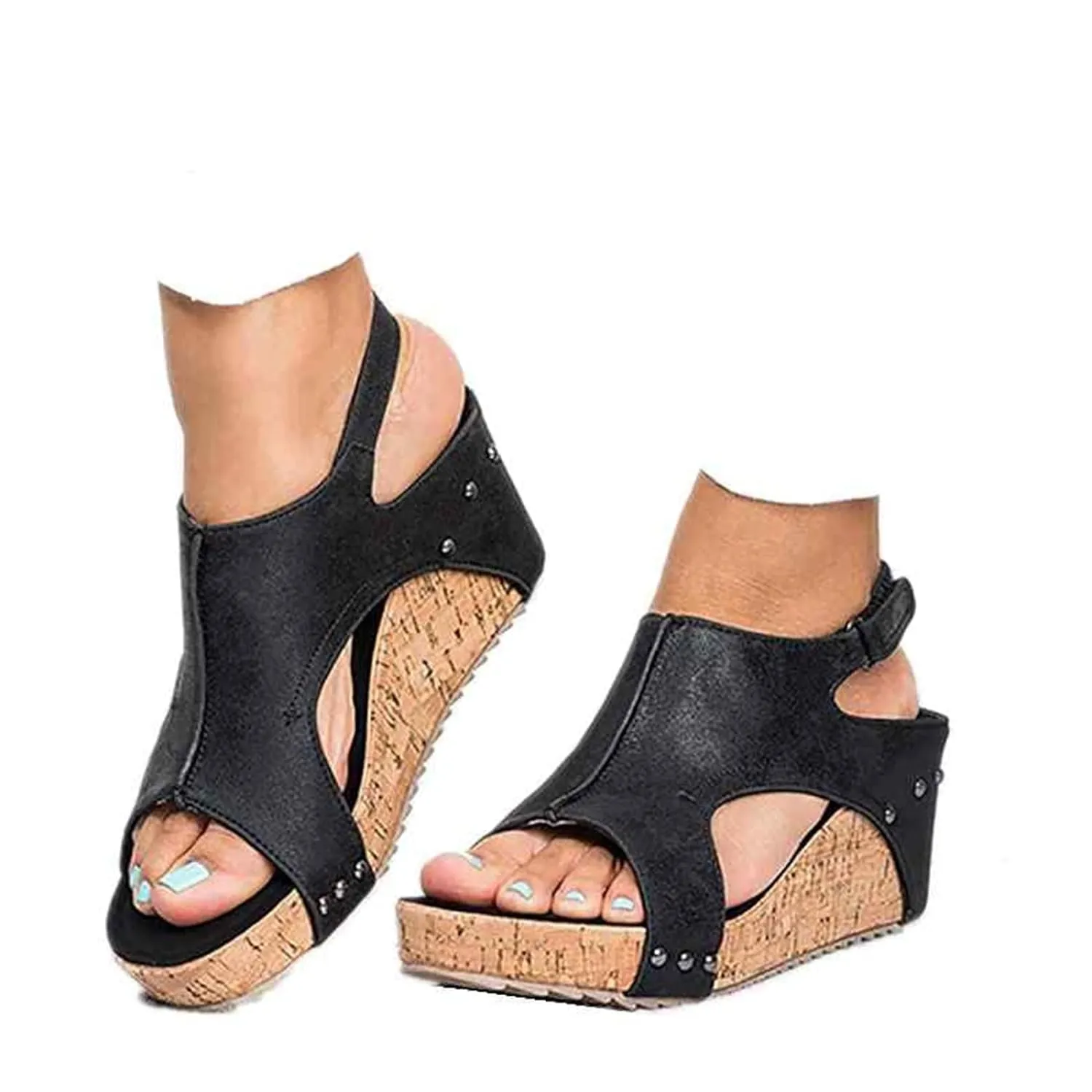HINDOLA Women's Platform Sandals Wedge Ankle Strap Open Toe Sandals Summer Leather Espadrilles Shoes