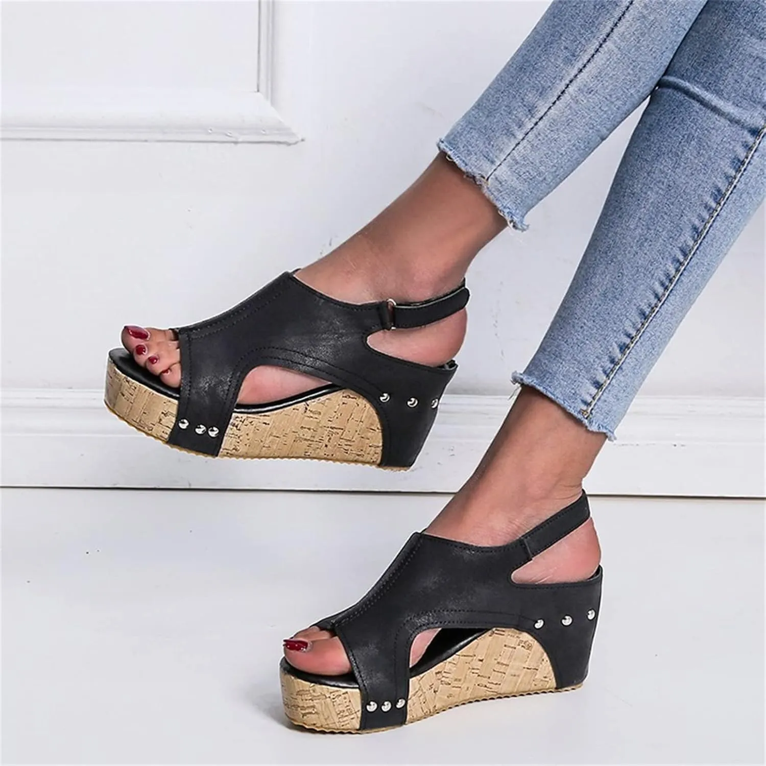HINDOLA Women's Platform Sandals Wedge Ankle Strap Open Toe Sandals Summer Leather Espadrilles Shoes