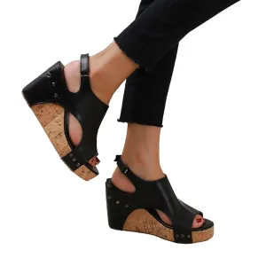 HINDOLA Women's Platform Sandals Wedge Ankle Strap Open Toe Sandals Summer Leather Espadrilles Shoes