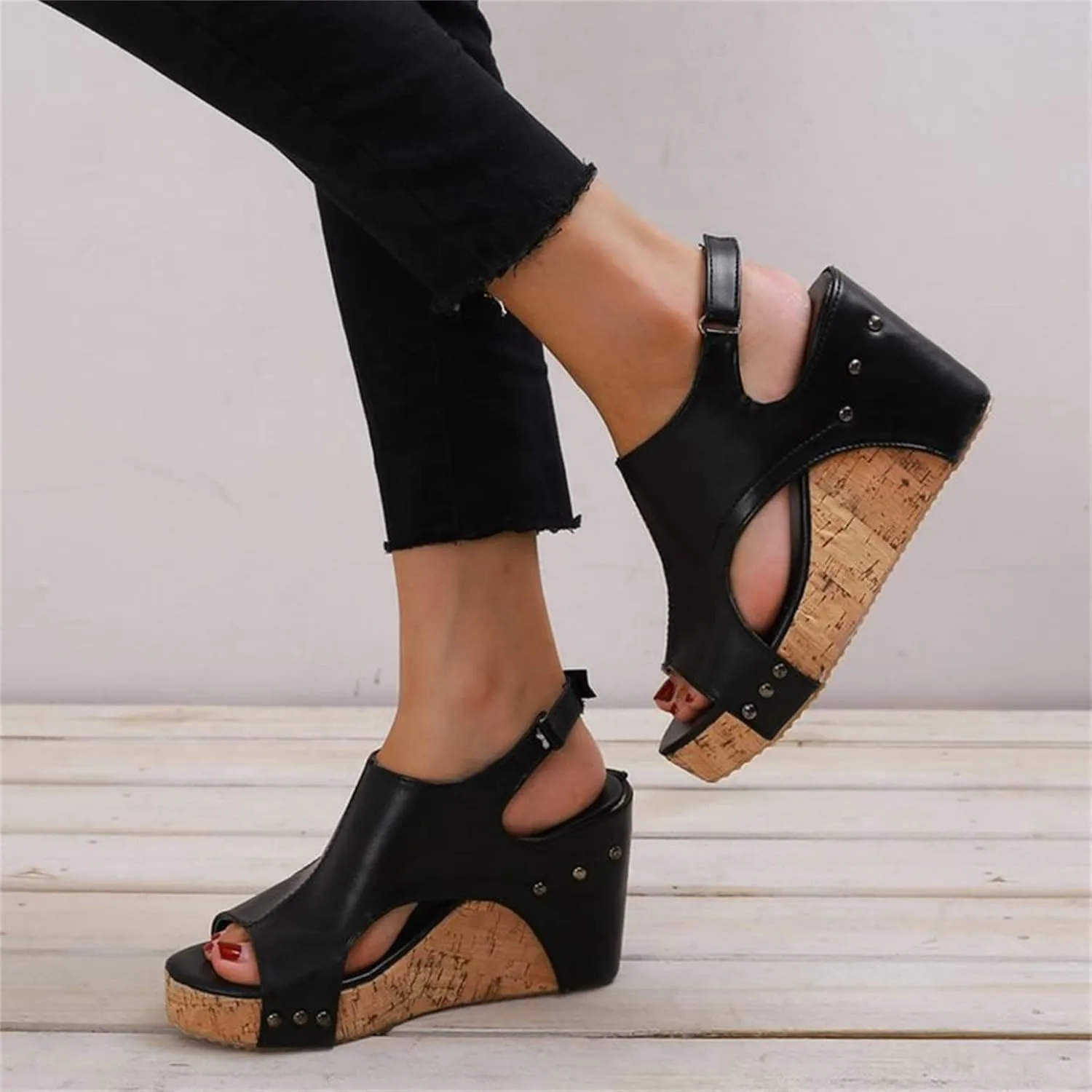 HINDOLA Women's Platform Sandals Wedge Ankle Strap Open Toe Sandals Summer Leather Espadrilles Shoes