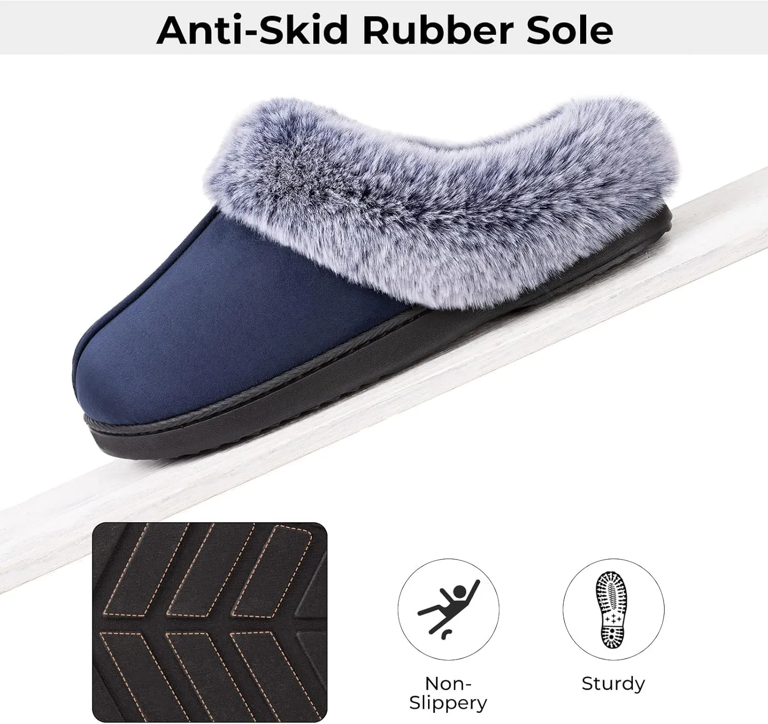 HomeTop Women's Classic Microsuede Memory Foam Slippers Durable Rubber Sole with Warm Faux Fur Collar