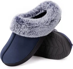 HomeTop Women's Classic Microsuede Memory Foam Slippers Durable Rubber Sole with Warm Faux Fur Collar