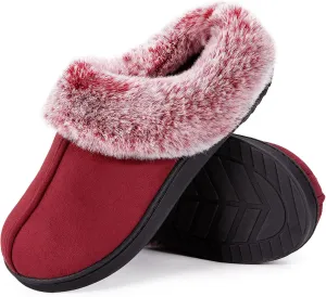 HomeTop Women's Classic Microsuede Memory Foam Slippers Durable Rubber Sole with Warm Faux Fur Collar