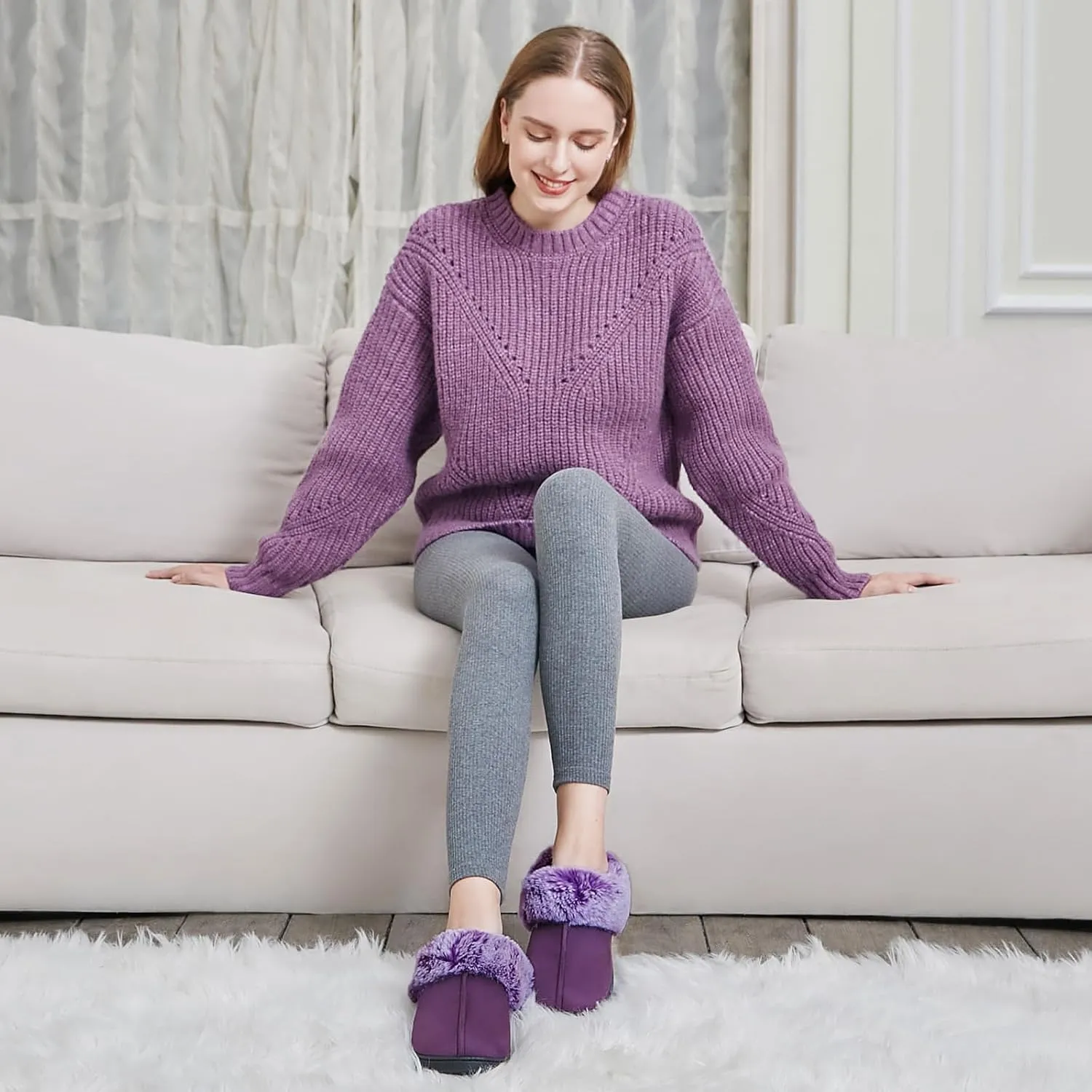 HomeTop Women's Classic Microsuede Memory Foam Slippers Durable Rubber Sole with Warm Faux Fur Collar