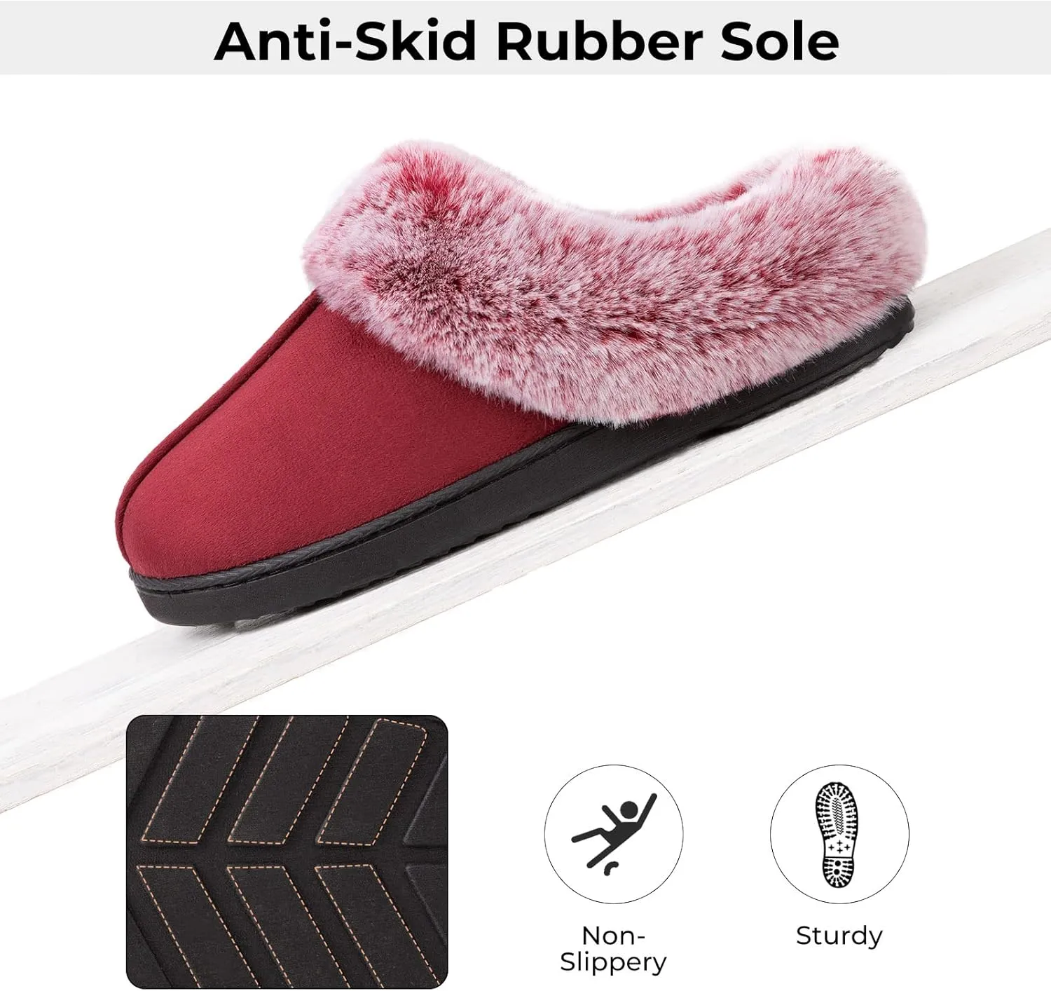 HomeTop Women's Classic Microsuede Memory Foam Slippers Durable Rubber Sole with Warm Faux Fur Collar