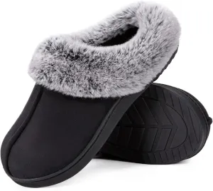 HomeTop Women's Classic Microsuede Memory Foam Slippers Durable Rubber Sole with Warm Faux Fur Collar