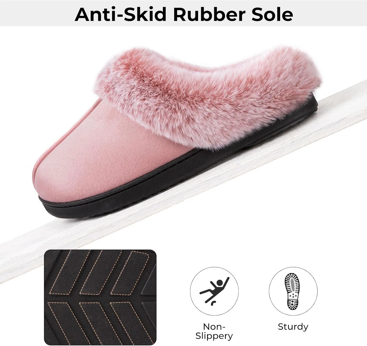 HomeTop Women's Classic Microsuede Memory Foam Slippers Durable Rubber Sole with Warm Faux Fur Collar