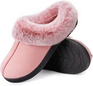 HomeTop Women's Classic Microsuede Memory Foam Slippers Durable Rubber Sole with Warm Faux Fur Collar