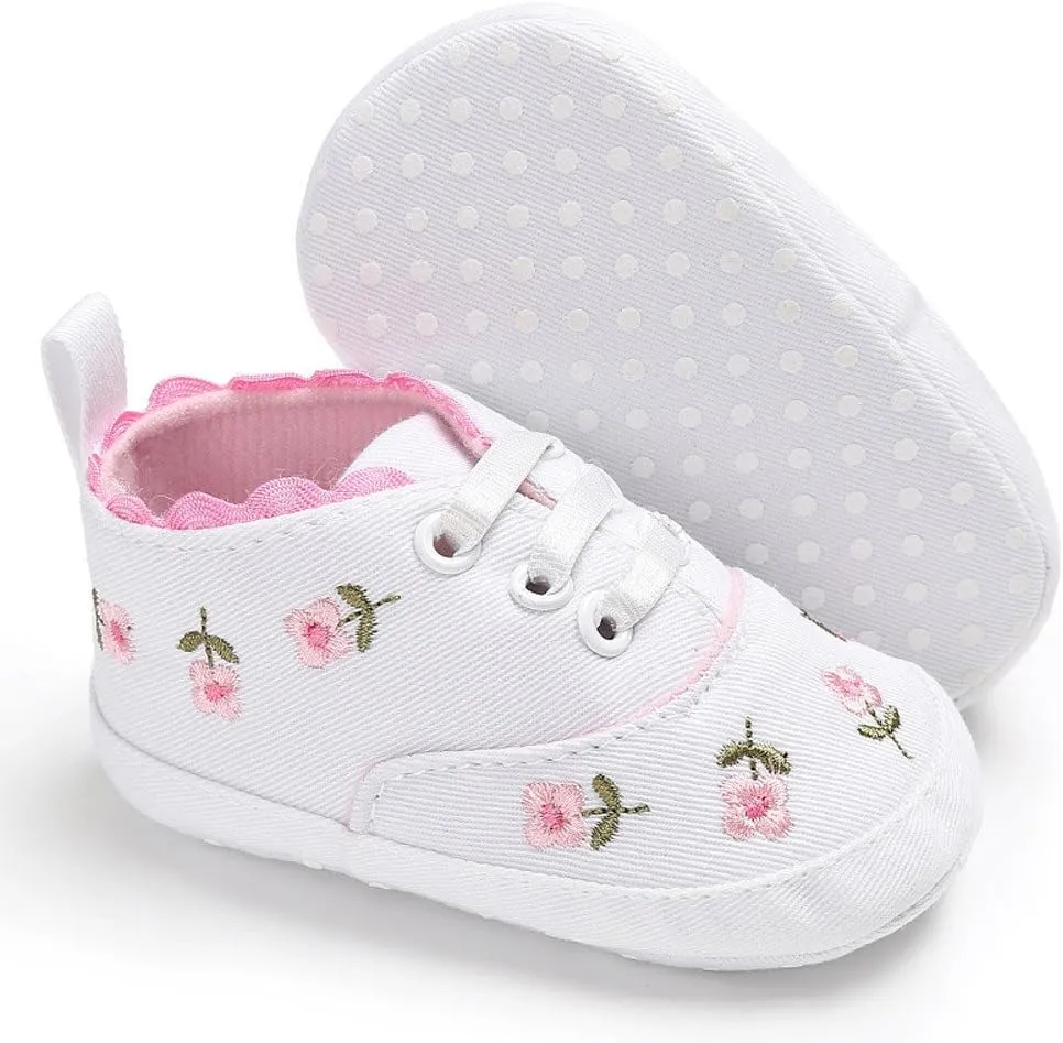Infant Baby Boys Girls Canvas Sneakers Toddler Slip On Anti Skid Newborn First Walkers Floral Shoes for 0-18 Months (White-02A#, 12-18M)