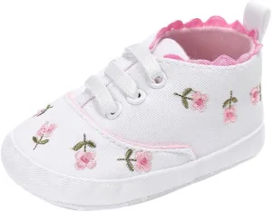 Infant Baby Boys Girls Canvas Sneakers Toddler Slip On Anti Skid Newborn First Walkers Floral Shoes for 0-18 Months (White-02A#, 12-18M)