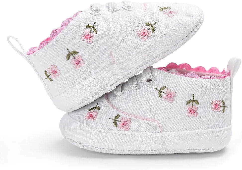 Infant Baby Boys Girls Canvas Sneakers Toddler Slip On Anti Skid Newborn First Walkers Floral Shoes for 0-18 Months (White-02A#, 12-18M)