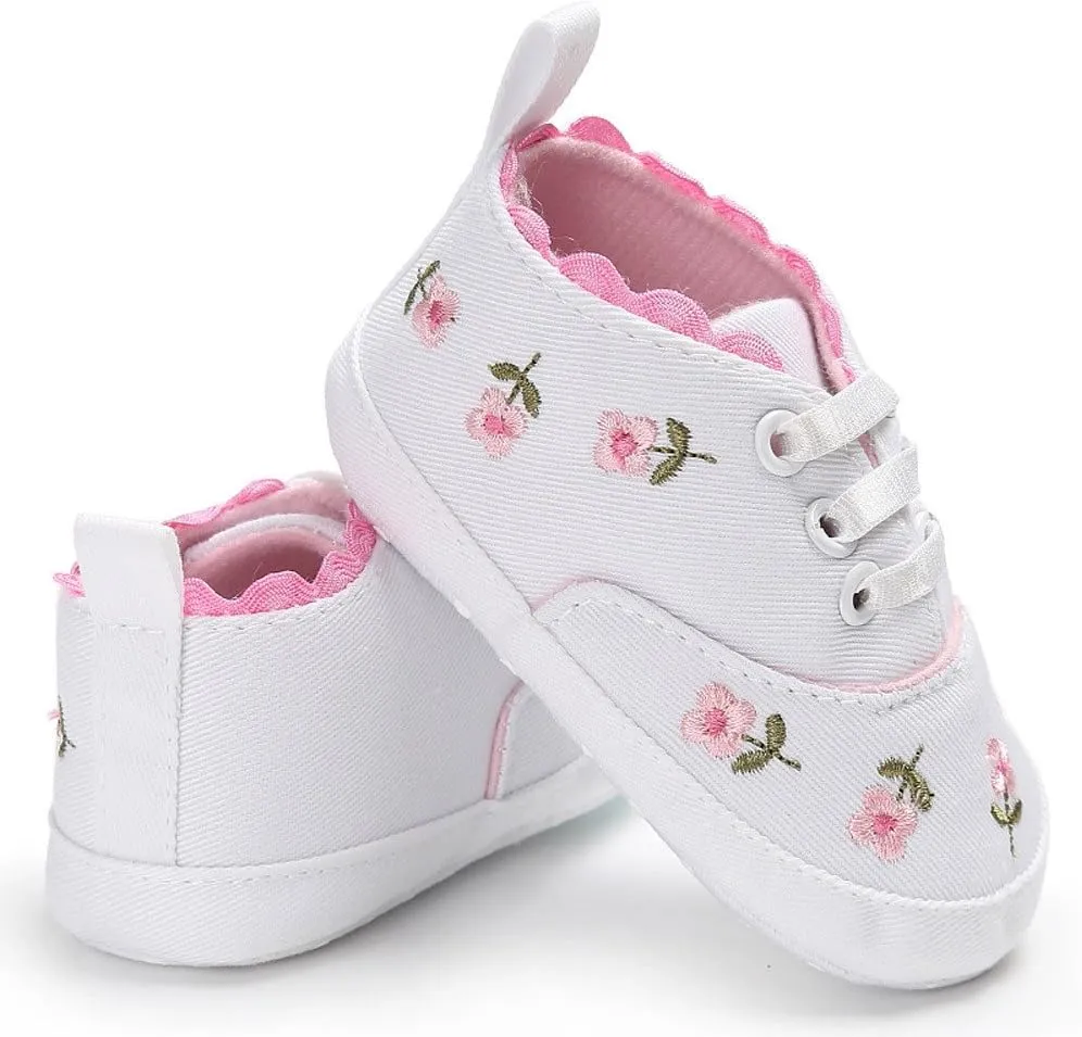 Infant Baby Boys Girls Canvas Sneakers Toddler Slip On Anti Skid Newborn First Walkers Floral Shoes for 0-18 Months (White-02A#, 12-18M)