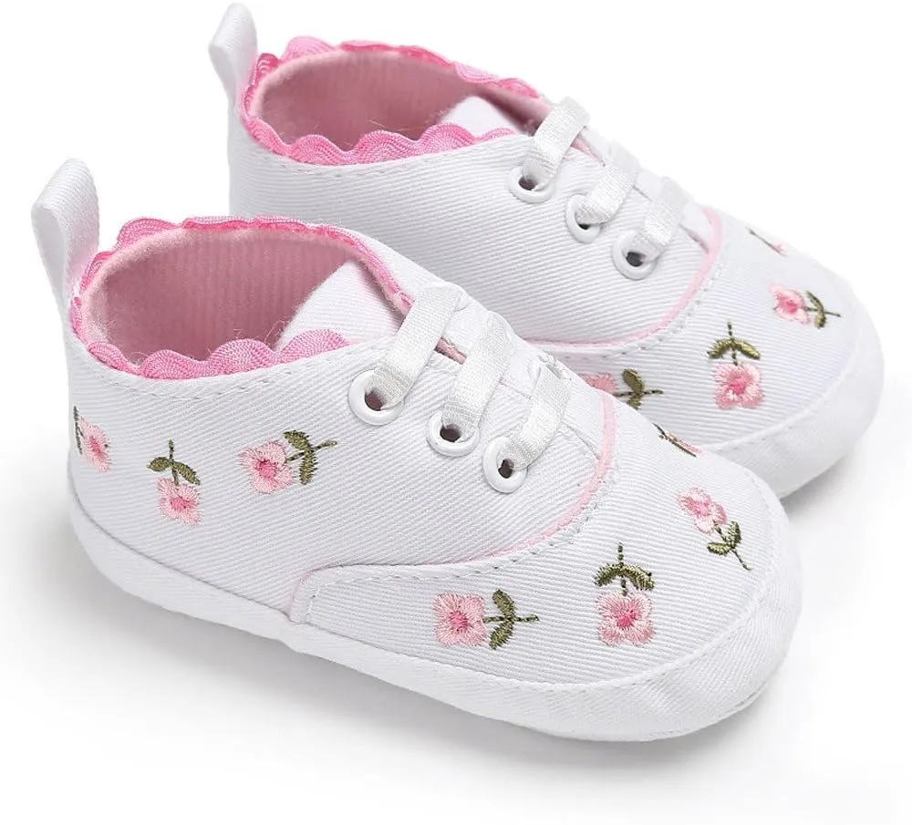 Infant Baby Boys Girls Canvas Sneakers Toddler Slip On Anti Skid Newborn First Walkers Floral Shoes for 0-18 Months (White-02A#, 12-18M)