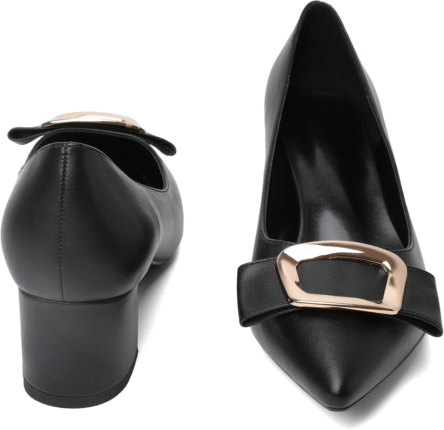 Joseywade Women's Chunky Heels Pointed Toe Low Block Heel Pumps Metal Buckle Bow Comfort Wedding Party Working Daily Dress Shoes 2 Inch
