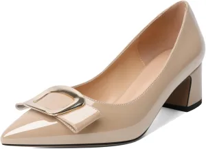 Joseywade Women's Chunky Heels Pointed Toe Low Block Heel Pumps Metal Buckle Bow Comfort Wedding Party Working Daily Dress Shoes 2 Inch