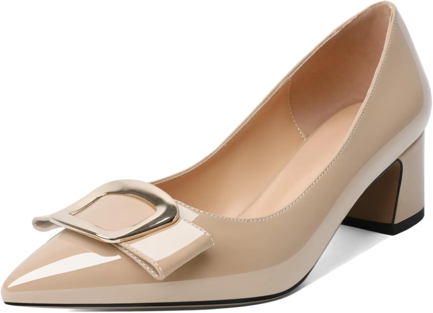Joseywade Women's Chunky Heels Pointed Toe Low Block Heel Pumps Metal Buckle Bow Comfort Wedding Party Working Daily Dress Shoes 2 Inch