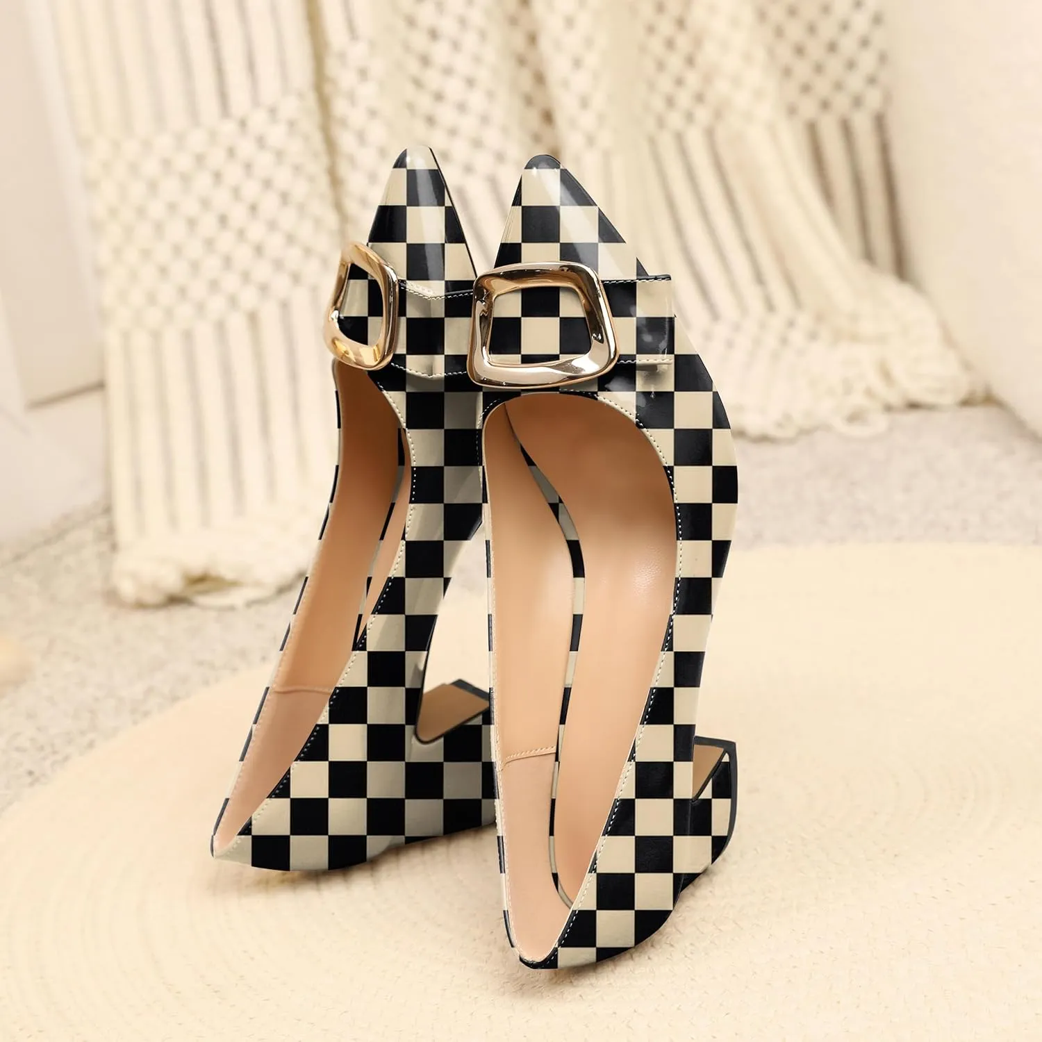 Joseywade Women's Chunky Heels Pointed Toe Low Block Heel Pumps Metal Buckle Bow Comfort Wedding Party Working Daily Dress Shoes 2 Inch