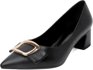 Joseywade Women's Chunky Heels Pointed Toe Low Block Heel Pumps Metal Buckle Bow Comfort Wedding Party Working Daily Dress Shoes 2 Inch