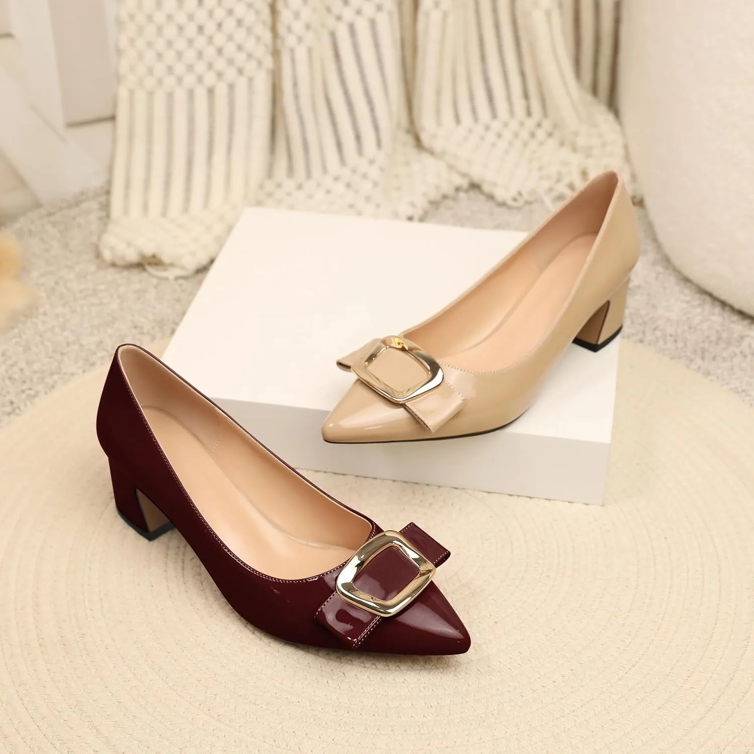 Joseywade Women's Chunky Heels Pointed Toe Low Block Heel Pumps Metal Buckle Bow Comfort Wedding Party Working Daily Dress Shoes 2 Inch