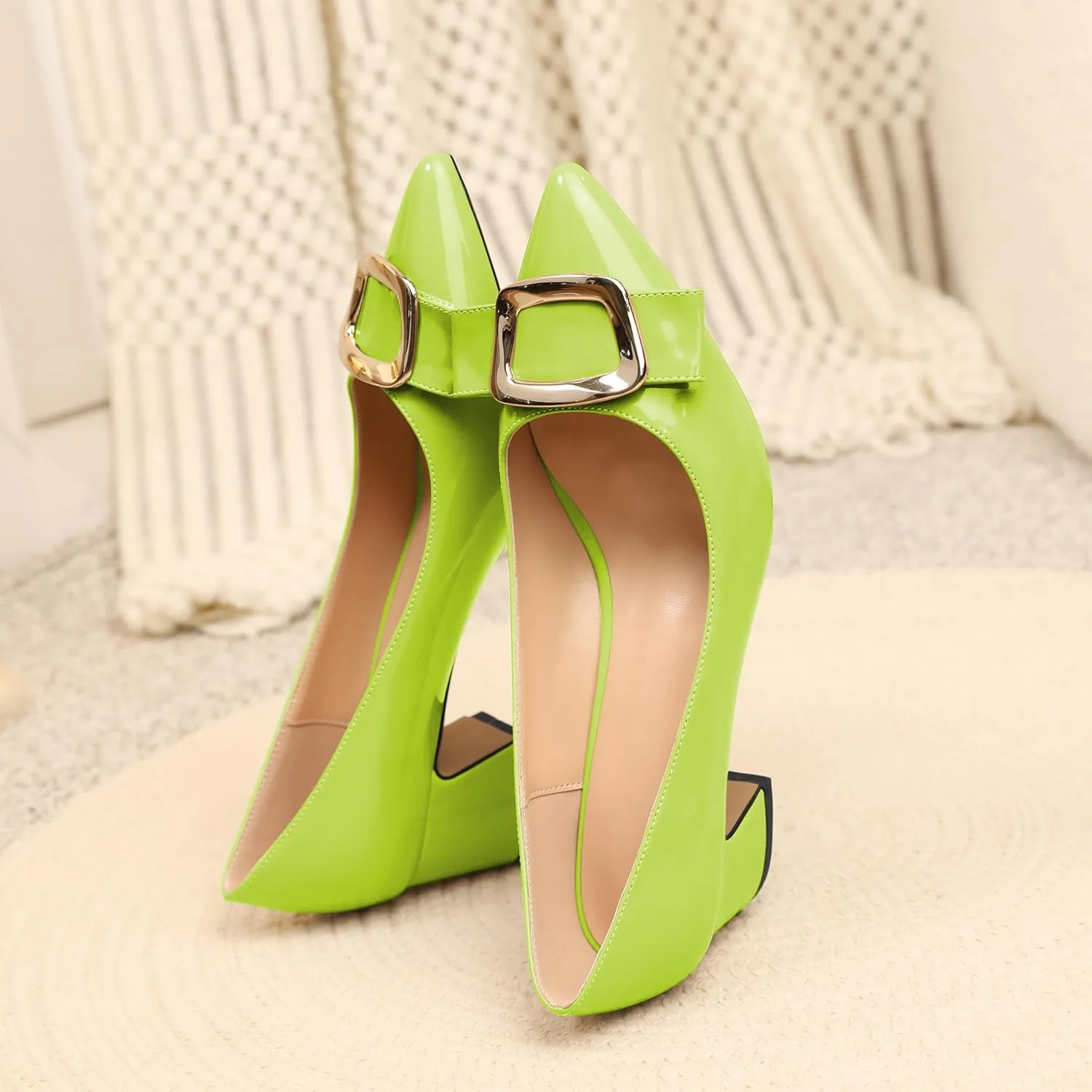 Joseywade Women's Chunky Heels Pointed Toe Low Block Heel Pumps Metal Buckle Bow Comfort Wedding Party Working Daily Dress Shoes 2 Inch