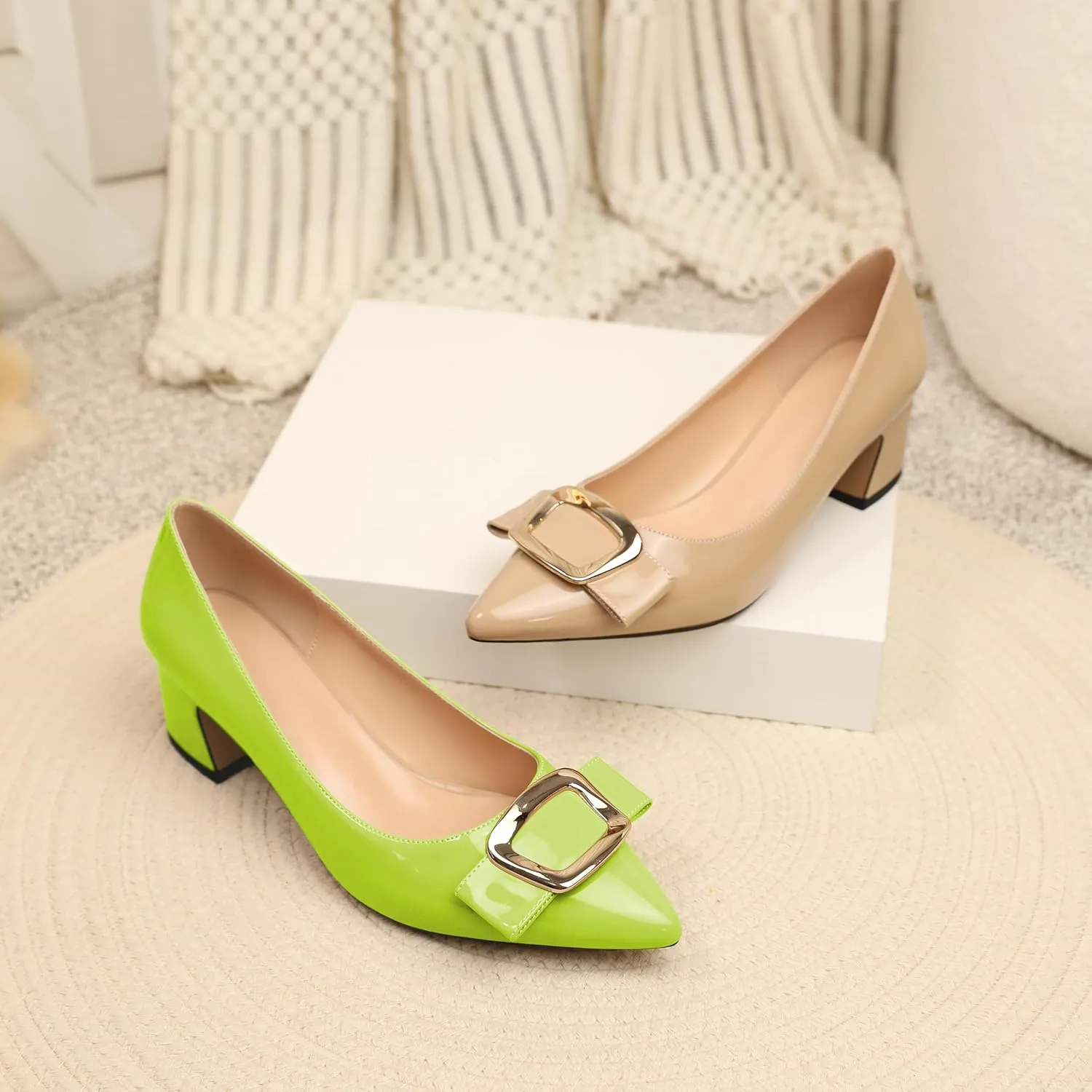 Joseywade Women's Chunky Heels Pointed Toe Low Block Heel Pumps Metal Buckle Bow Comfort Wedding Party Working Daily Dress Shoes 2 Inch