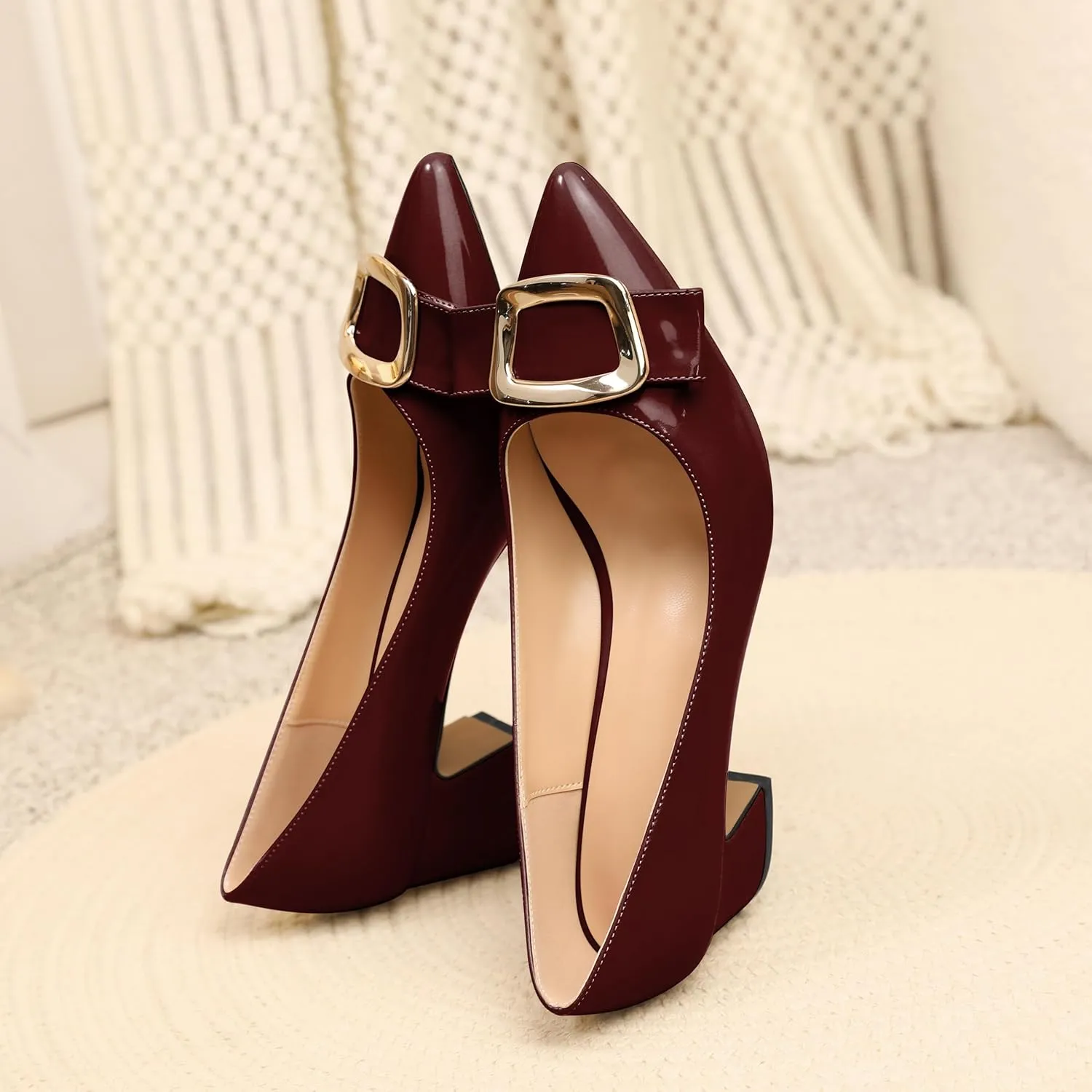 Joseywade Women's Chunky Heels Pointed Toe Low Block Heel Pumps Metal Buckle Bow Comfort Wedding Party Working Daily Dress Shoes 2 Inch