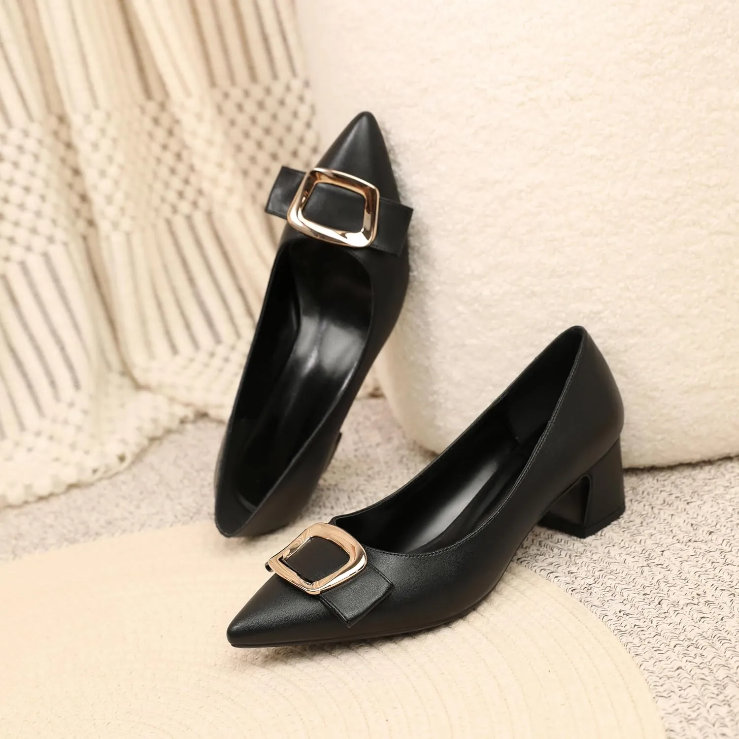 Joseywade Women's Chunky Heels Pointed Toe Low Block Heel Pumps Metal Buckle Bow Comfort Wedding Party Working Daily Dress Shoes 2 Inch