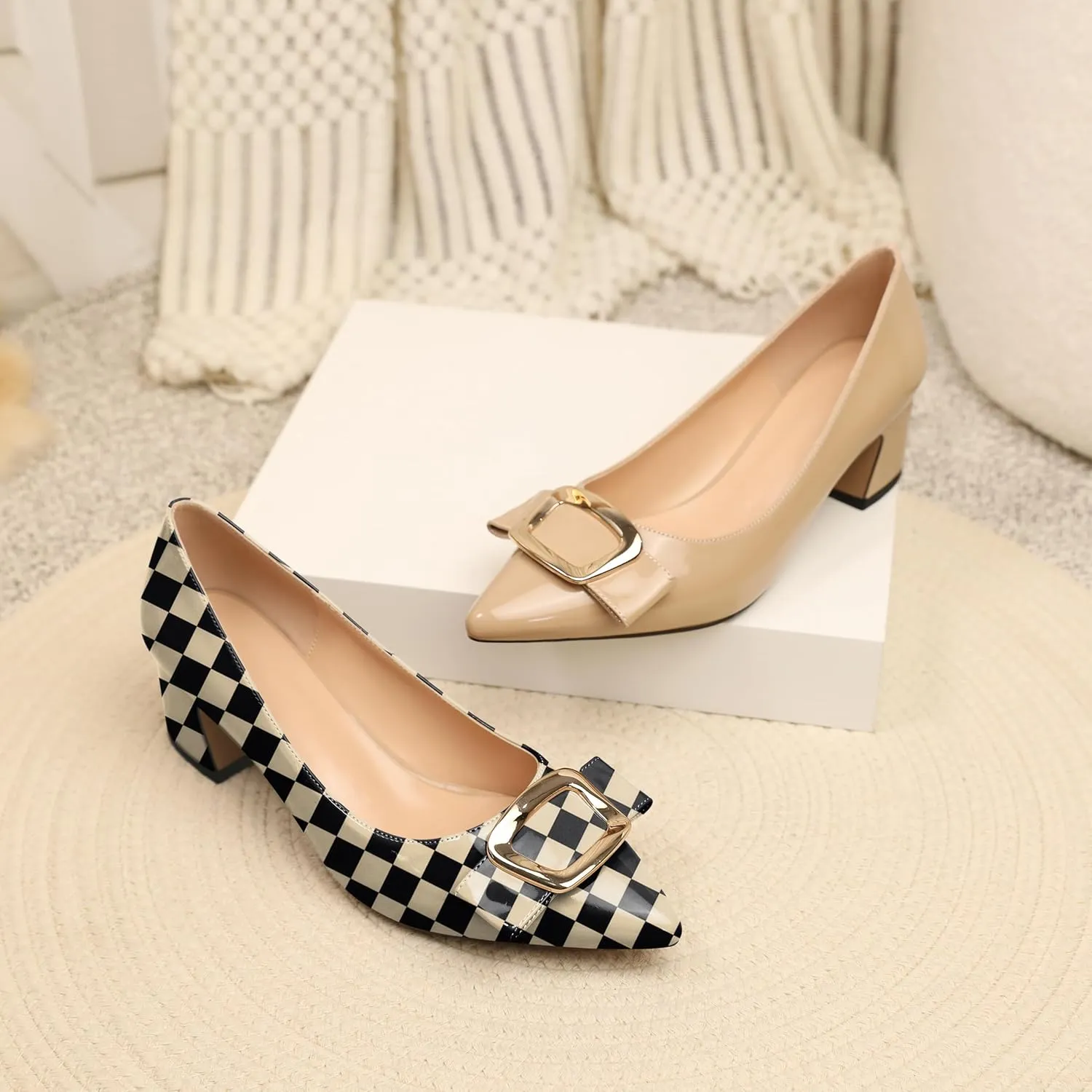 Joseywade Women's Chunky Heels Pointed Toe Low Block Heel Pumps Metal Buckle Bow Comfort Wedding Party Working Daily Dress Shoes 2 Inch