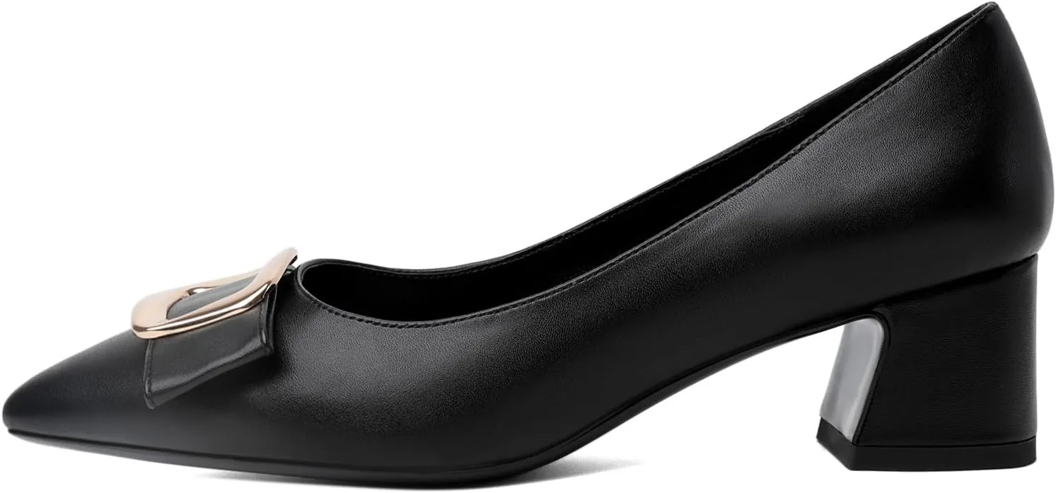 Joseywade Women's Chunky Heels Pointed Toe Low Block Heel Pumps Metal Buckle Bow Comfort Wedding Party Working Daily Dress Shoes 2 Inch
