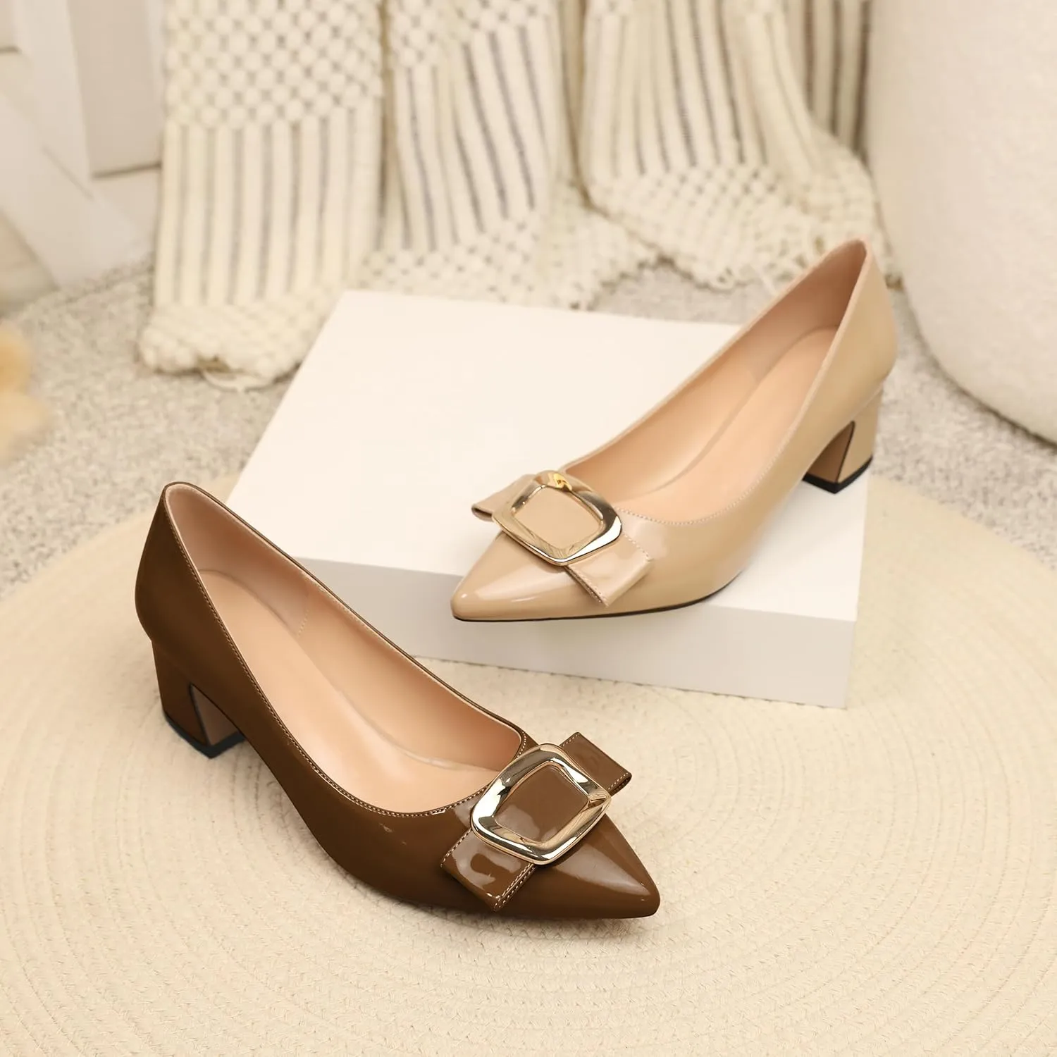Joseywade Women's Chunky Heels Pointed Toe Low Block Heel Pumps Metal Buckle Bow Comfort Wedding Party Working Daily Dress Shoes 2 Inch