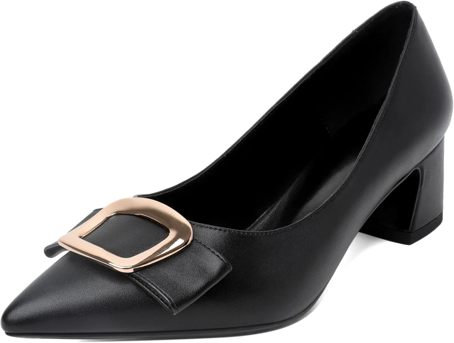 Joseywade Women's Chunky Heels Pointed Toe Low Block Heel Pumps Metal Buckle Bow Comfort Wedding Party Working Daily Dress Shoes 2 Inch