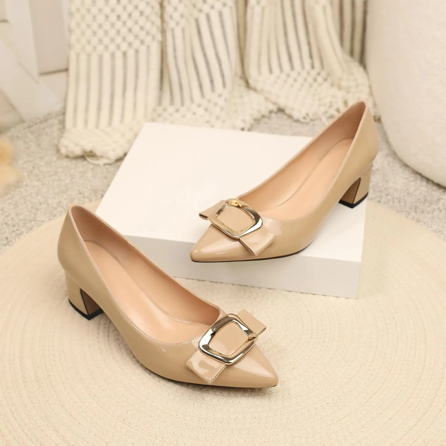 Joseywade Women's Chunky Heels Pointed Toe Low Block Heel Pumps Metal Buckle Bow Comfort Wedding Party Working Daily Dress Shoes 2 Inch