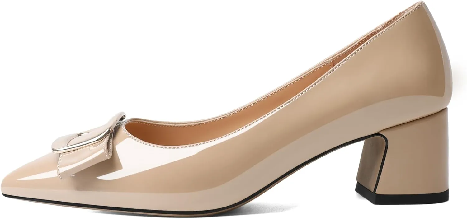 Joseywade Women's Chunky Heels Pointed Toe Low Block Heel Pumps Metal Buckle Bow Comfort Wedding Party Working Daily Dress Shoes 2 Inch