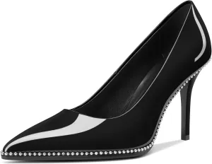Mallyteeds Stiletto High Heels Pumps for Women 3.6 Inch Closed Toe Slip-on Beaded Pumps Party Wedding Dress Shoes Bride