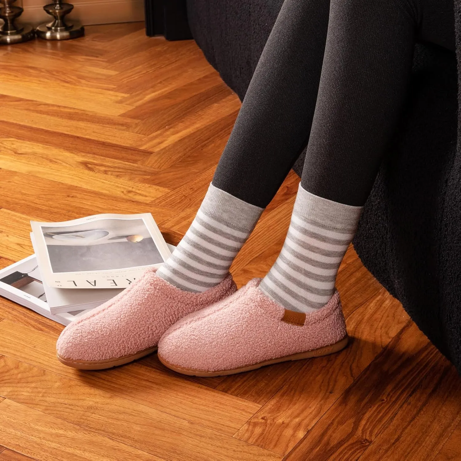 Memory Foam Slippers for Women - Indoor Cozy House Slip-on with Warm Curly Full