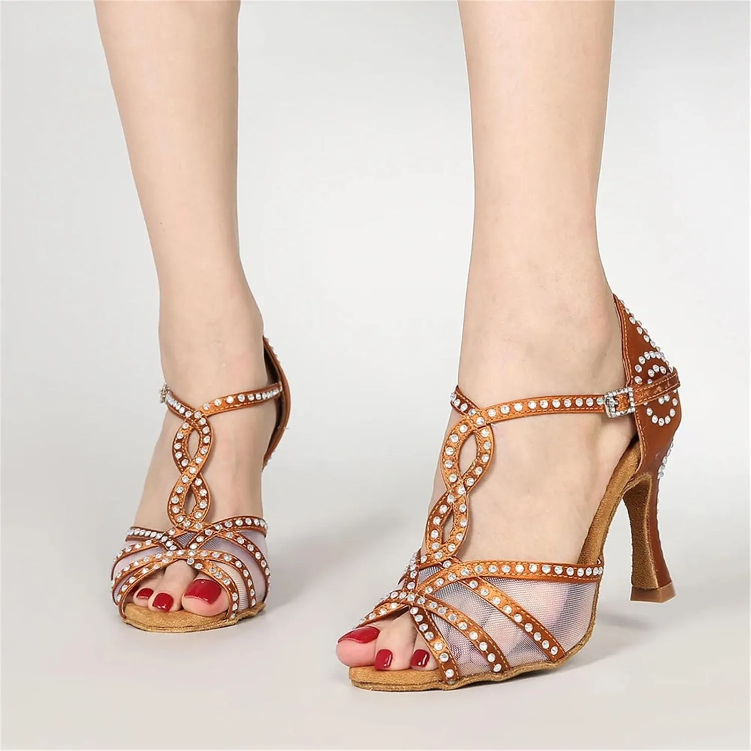 Mesh Satin Dance Shoes - Comfortable Soft Sole Sandals for Salsa/Ballroom (9CM/3.54")