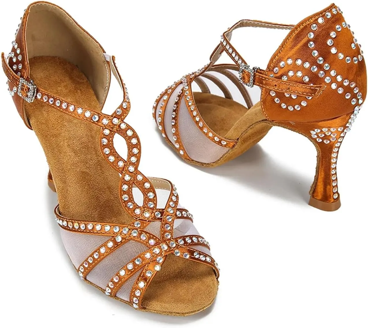 Mesh Satin Dance Shoes - Comfortable Soft Sole Sandals for Salsa/Ballroom (9CM/3.54")
