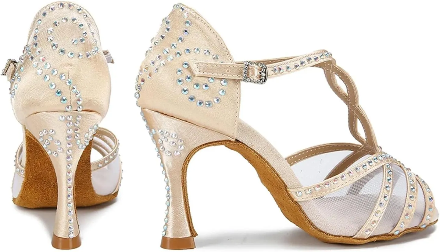 Mesh Satin Dance Shoes - Comfortable Soft Sole Sandals for Salsa/Ballroom (9CM/3.54")