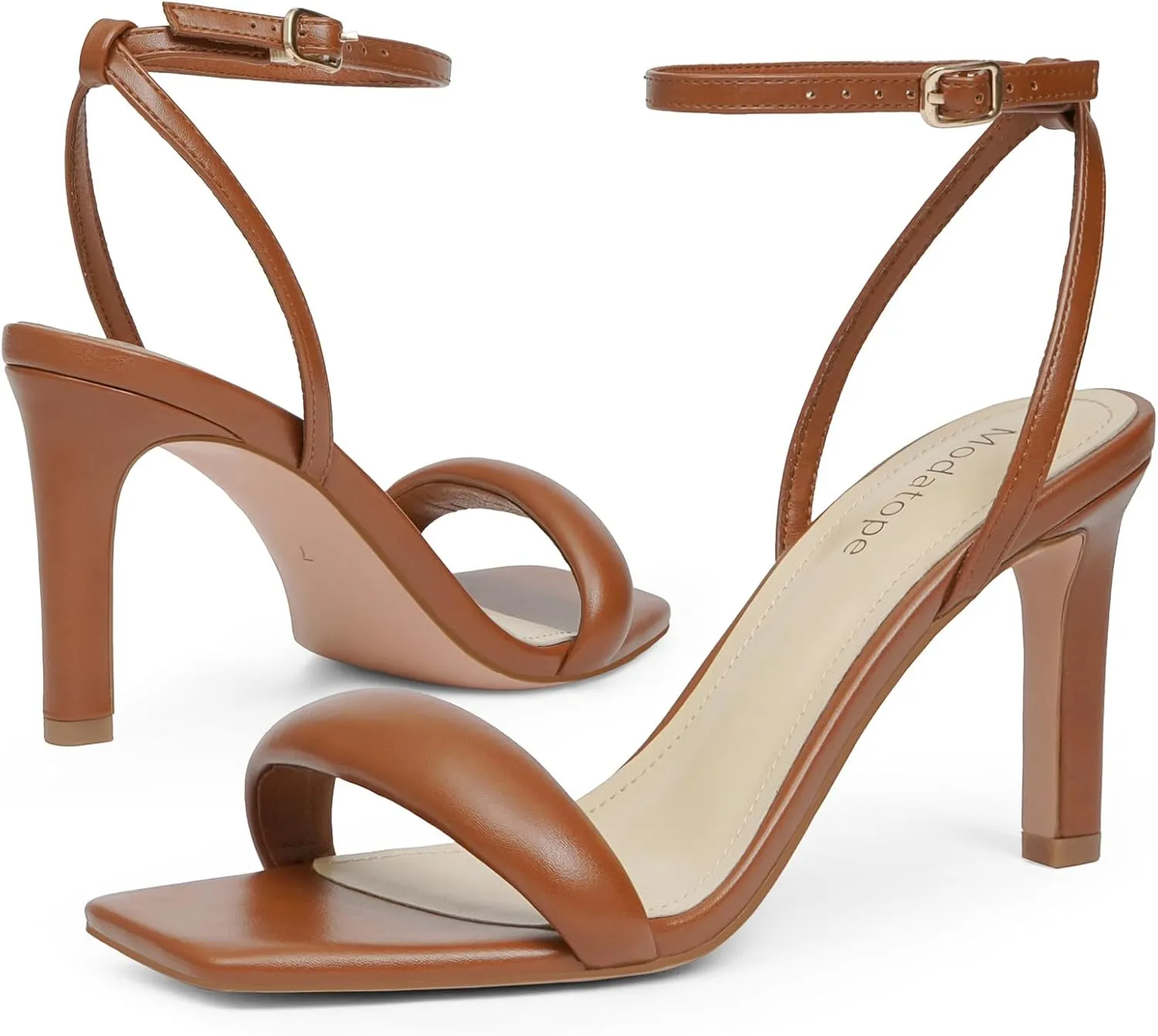 Modatope Womens Heels Square Open Toe Strappy High Heels Ankle Strap Heeled Sandals for Women Party Wedding Daily Wear